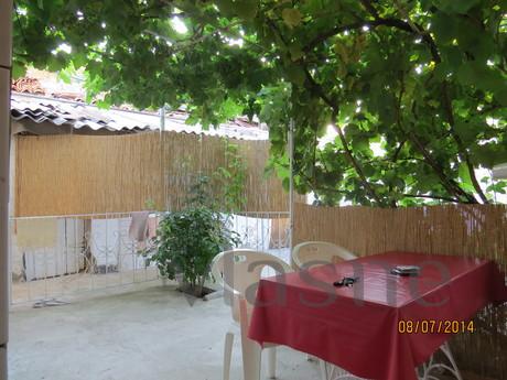 Cozy house with pergola under vines, where there is a table 